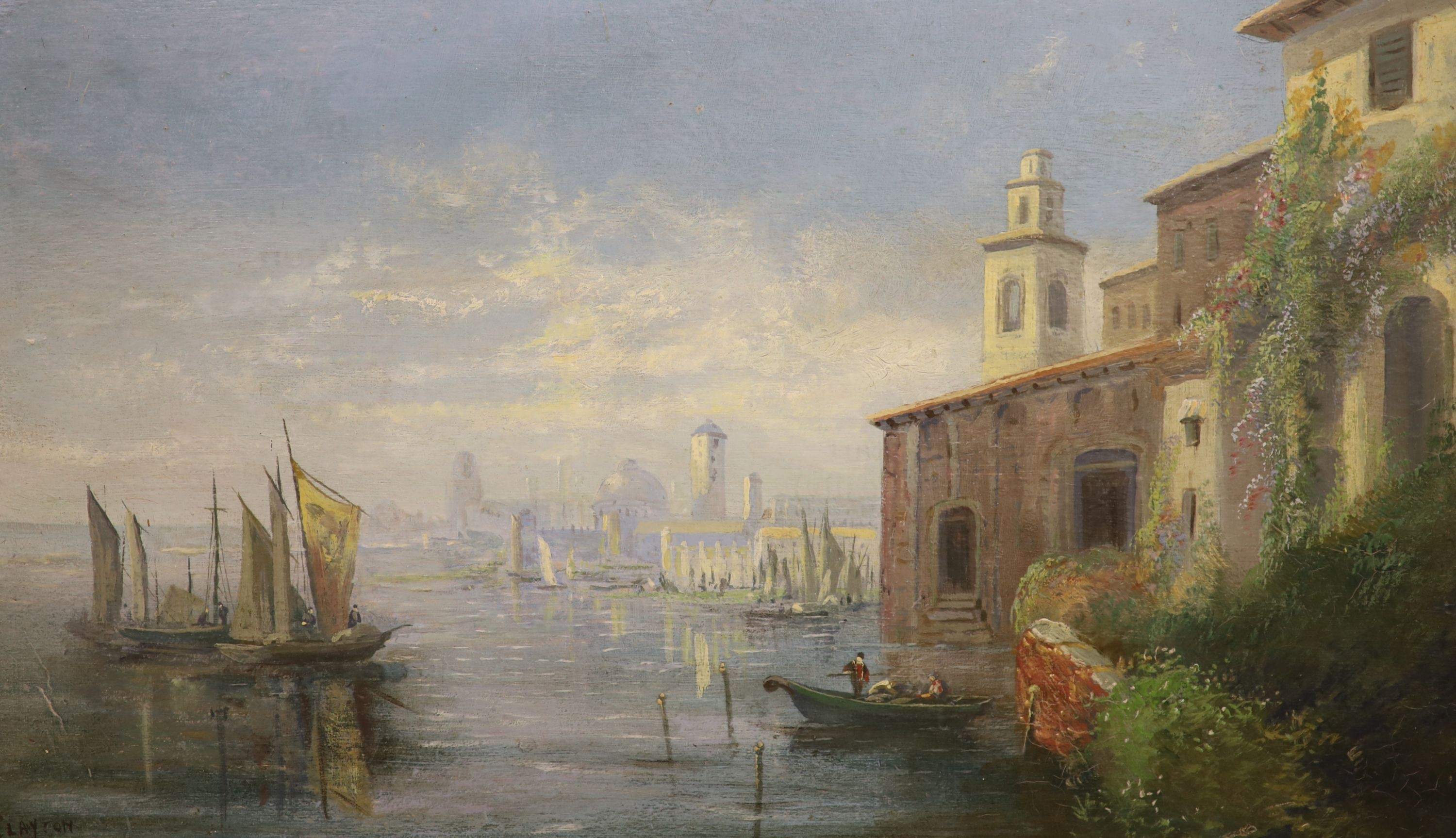 A. Clayton, oil on board, Eastern European harbour scene, signed, 36 x 61cm